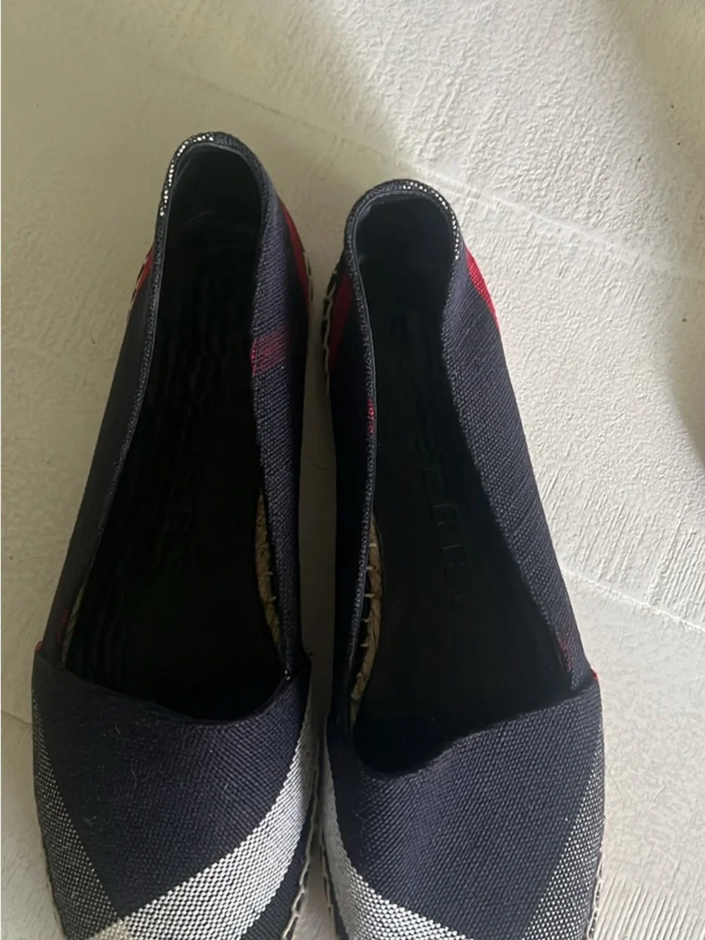 Burberry Black Canvas Espadrilles with White Stripe and Red Heel Detail